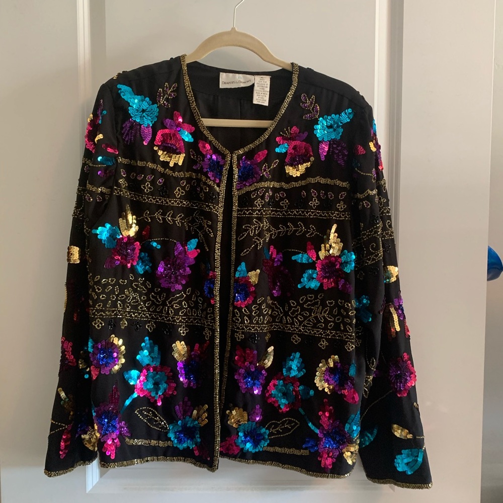 Vintage sequin jacket size XL. Shell 100% silk. Long sleeved, 25 inches long.